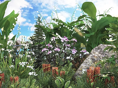 Garden Shrubs In Natural Landscape With Purple Flowers White Blooms Green Foliage And Stone Accents 3d model