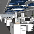 Modern Public Open Office Space With White Desks Computer Monitors Green Plants And Blue Ceiling