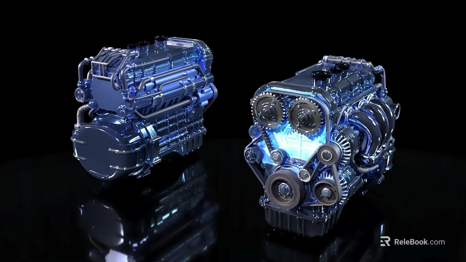 Transparent Engine with Blue Lighting and Internal Mechanical Gears on Black Background 3d model