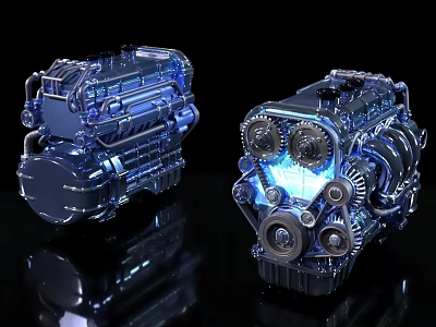 Transparent Engine with Blue Lighting and Internal Mechanical Gears on Black Background 3d model