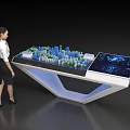 Modern White Display Shelves With Tablet Screens City Models And Blue Lighting