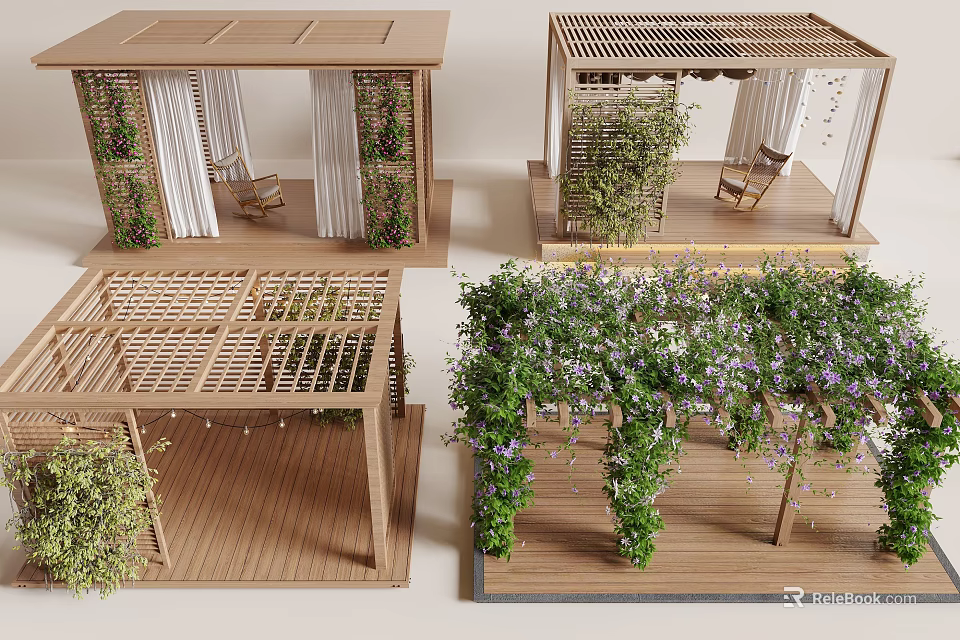 Wooden Pergola with Lattice Roof Seating and Climbing Vines in Outdoor Space 3d model 