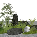 Natural Indoor Landscape With Rocks Wooden Stump Green Plants And Glowing Spheres