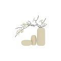 Three Cream Vases With Vertical Striped Texture And White Flower Branches 3d model