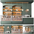 Green Bar Counter With Display Cases Desserts Coffee And Hanging Lights