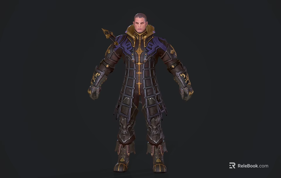 Medieval Game Movie Character Wearing Brown Purple Gold Armor With Spiked Shoulders And Chest Patterns 3d model 