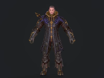Medieval Game Movie Character Wearing Brown Purple Gold Armor With Spiked Shoulders And Chest Patterns 3d model