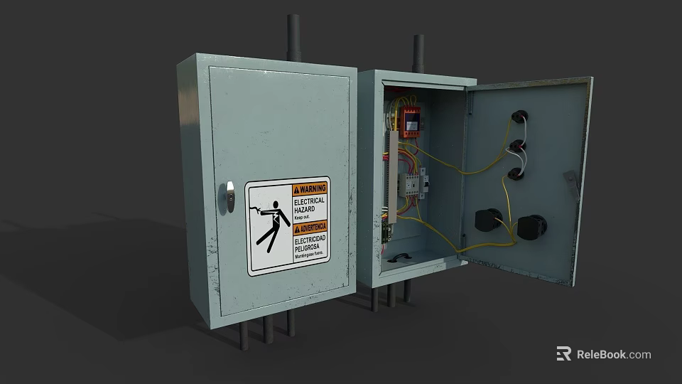 Industrial Equipment Cabinets With Warning Sign And Open Door Showing Internal Wiring Components 3d model 