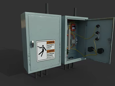 Industrial Equipment Cabinets With Warning Sign And Open Door Showing Internal Wiring Components 3d model