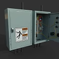Industrial Equipment Cabinets With Warning Sign And Open Door Showing Internal Wiring Components