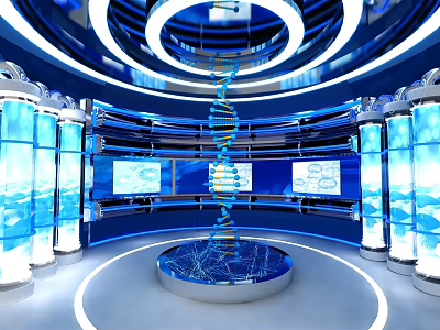 Futuristic Tech Interior With DNA Helix Circular Design And Blue Lighting Screens 3d model