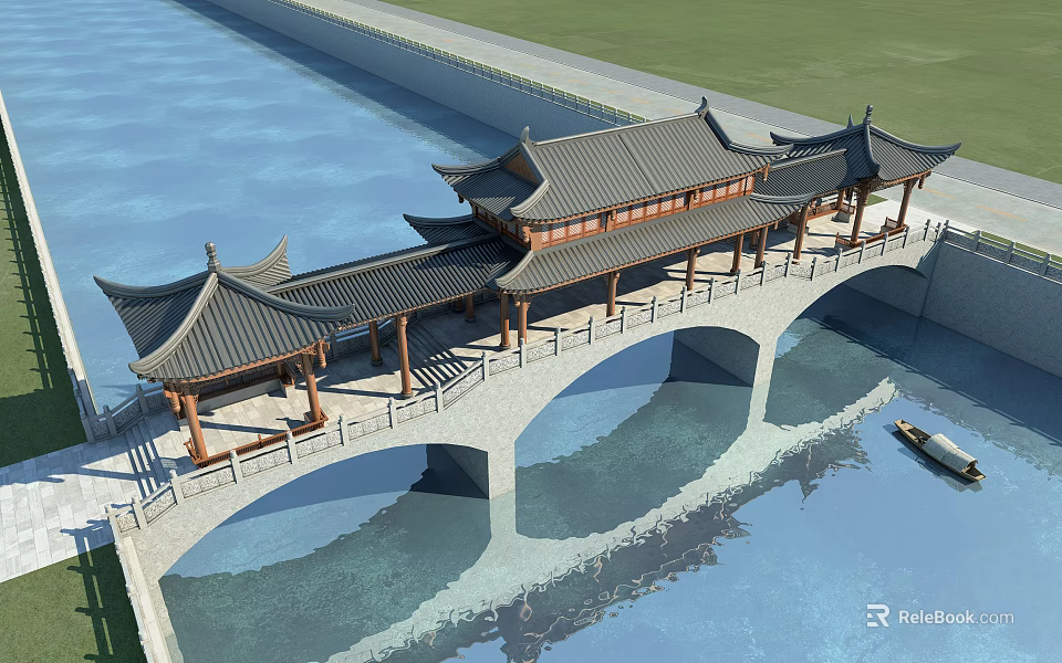 Traditional Chinese Stone Arch Bridge With Pavilion Style Roofs Over Water Surface And Small Boat 3d model 