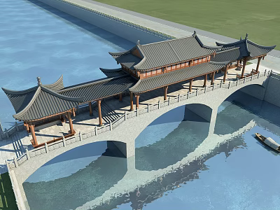 Traditional Chinese Stone Arch Bridge With Pavilion Style Roofs Over Water Surface And Small Boat 3d model