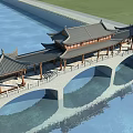 Traditional Chinese Stone Arch Bridge With Pavilion Style Roofs Over Water Surface And Small Boat