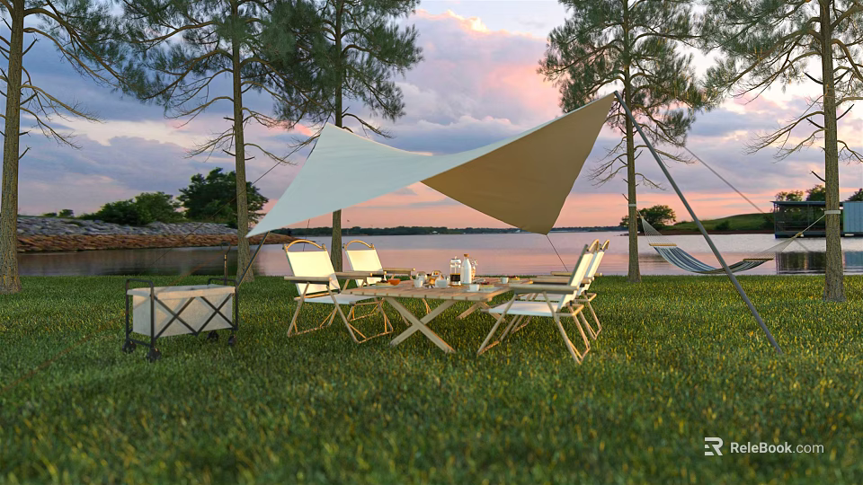 Outdoor Table with Metal Chairs White Canopy Grass Area Lake View Sunset Sky 3d model 