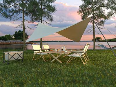 Outdoor Table with Metal Chairs White Canopy Grass Area Lake View Sunset Sky 3d model
