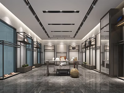 Modern Spacious Clothing Store Interior With Marble Flooring Glass Partitions Clothing Racks And Display Tables 3d model