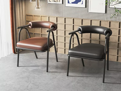Stylish Dining Chairs With Brown Black Leather Upholstery And Black Metal Frame Against Perforated Wall 3d model