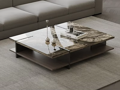 Modern Coffee Table With Glass Top And Wooden Base Featuring Decorative Items And Magazines 3d model