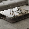 Modern Coffee Table With Glass Top And Wooden Base Featuring Decorative Items And Magazines