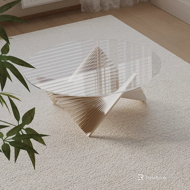 Modern Sofa Coffee Table Set with Transparent Glass Top Geometric Wooden Base on Light Rug 3d model 