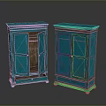 Vintage Blue Wooden Cabinets with Double Doors and One Open Door