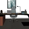 Modern Office Interior With Desk Chair Laptop Lamp File Organizer and Wall Art