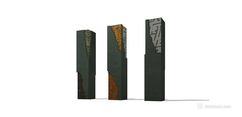 Modern Decorative Pillars With Artistic Carvings Multicolored Patterns And Textured Surfaces 3d model 