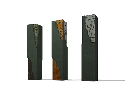 Modern Decorative Pillars With Artistic Carvings Multicolored Patterns And Textured Surfaces 3d model