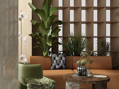 Modern Sofa Coffee Table Combination with Green Accent Chair Large Plants and Wooden Grid Wall 3d model