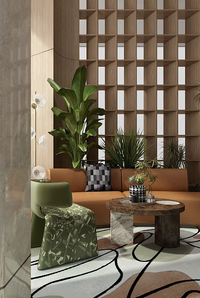 Modern Sofa Coffee Table Combination with Green Accent Chair Large Plants and Wooden Grid Wall 3d model