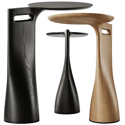 Three Modern Side Tables With Wooden And Black Finish And Unique Curved Base Design 3d model