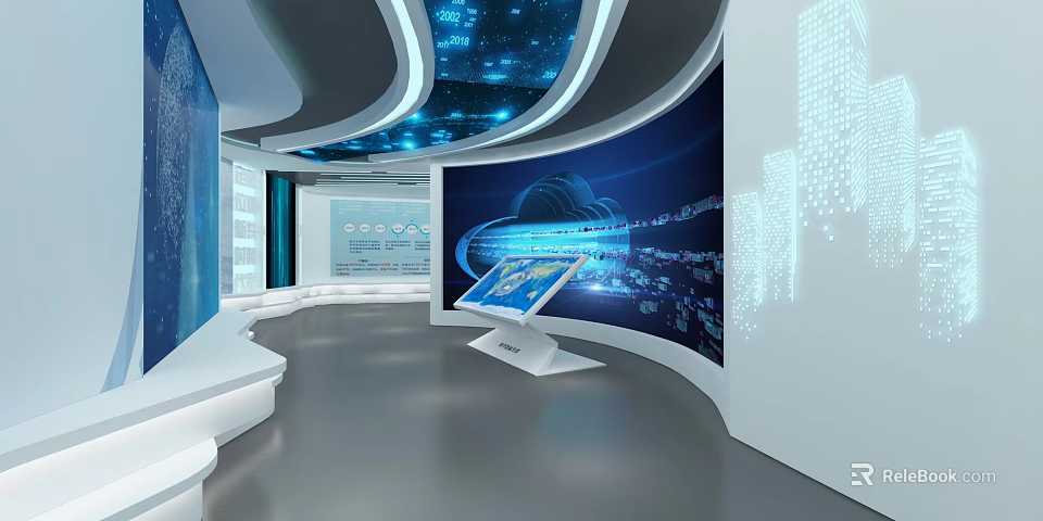 Futuristic Digital Exhibition Space With Interactive Touch Screens And Cloud Data Visualization 3d model
