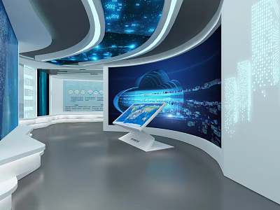 Futuristic Digital Exhibition Space With Interactive Touch Screens And Cloud Data Visualization 3d model