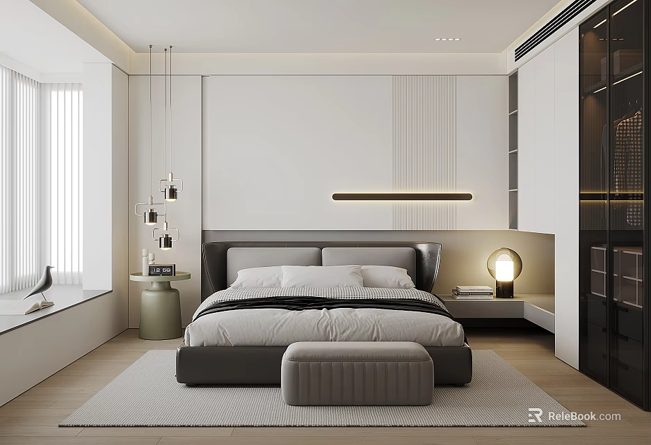 Modern Bedroom Interior Design With Gray Headboard White Bedding Strip Light Bedside Lamp And Ottoman 3d model 