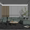 Modern Living Room Design With Grey Sofa Coffee Table Green Plant And Wooden Accent Wall