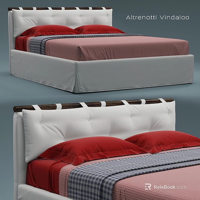 Modern Bed With White Padded Headboard Red Pillows Striped Sheets And White Frame 3d model