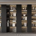 Modern Black Bookcase with Books and Decorative Items in Ornate Patterned Backdrop 3d model