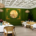 Elegant Restaurant Interior With Green Walls Golden Accents Circular Mural Woven Pendant Lights Rattan Chairs