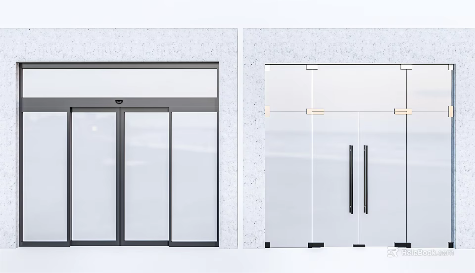 Modern Glass Sliding And Double Doors With Black Frames On Light Wall 3d model 