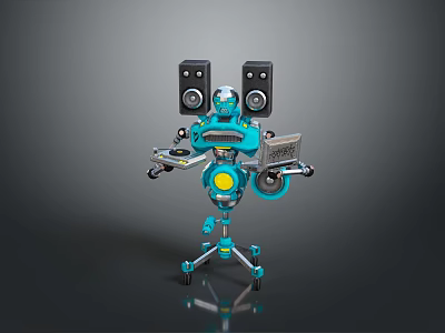 3D Blue Robot Model Featuring Dual Speakers Turntables Control Panel And Wheeled Base 3d model
