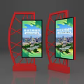 Bus Station With Red Frame And Electronic Display Screen Showing City Scenery