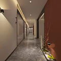 Elevator Hallway With Red White Walls Gray Floor Lighting Decorative Paintings And Plants