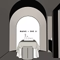 Modern Beauty Salon Interior With Arched Doorway Massage Bed Skincare Products Cabinet And White Bowl