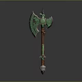 Green Ornate Axe With Intricate Design Brown Handle And Silver Base Fantasy Weapon