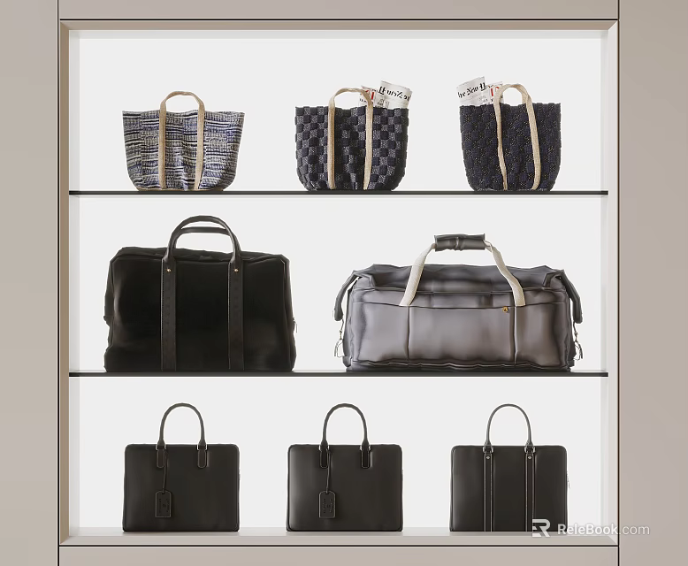 Stylish Bags Collection On Shelves Featuring Tote Duffel And Briefcase Styles 3d model 