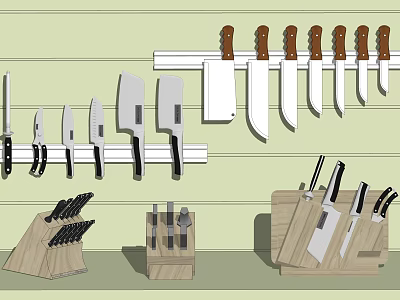 Various Kitchen Knives Displayed On Wall Mounted Racks And Wooden Blocks 3d model