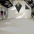 Modern Interior Space With Geometric Ceiling Colorful Paintings Benches And Light Colored Floor