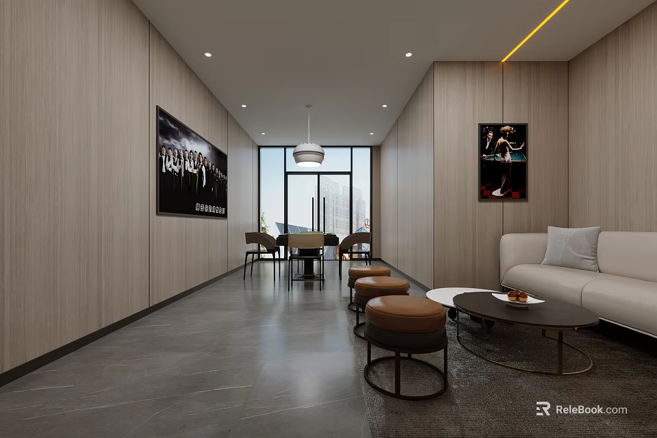 Modern Hotel Mahjong Room with Wooden Walls Sofa Coffee Table and Decorative Paintings 3d model 
