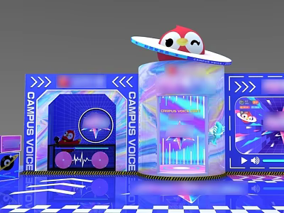 Campus Voice Interactive Zone With Cartoon Character UFO Hat Neon Lights Tech Elements 3d model